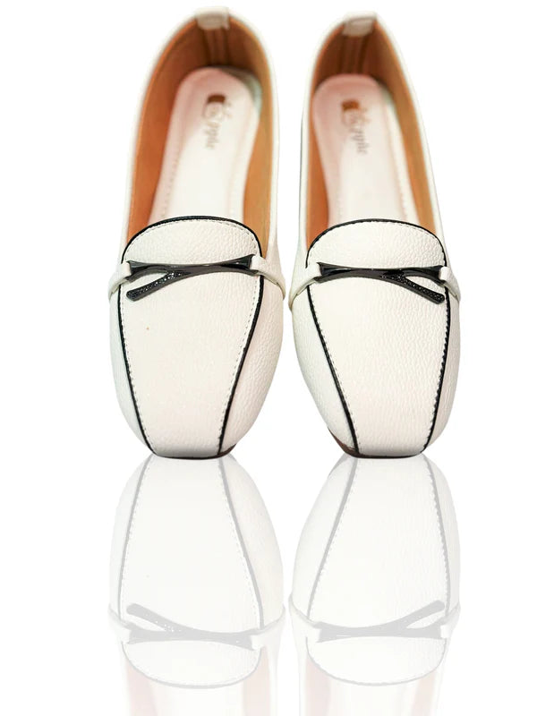 Stylish Ivory White Women's Loafers with Black Trim – Versatile Slip-Ons