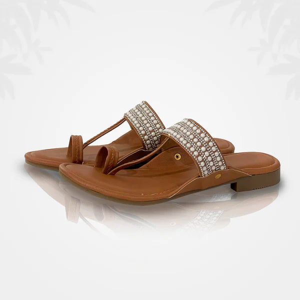 Royal Glam Kolhapuri Flats – Handcrafted Tan Slip-Ons with Sparkling Crystal Strap