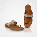 Royal Glam Kolhapuri Flats – Handcrafted Tan Slip-Ons with Sparkling Crystal Strap