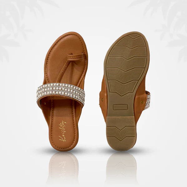 Royal Glam Kolhapuri Flats – Handcrafted Tan Slip-Ons with Sparkling Crystal Strap