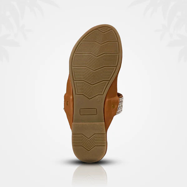 Royal Glam Kolhapuri Flats – Handcrafted Tan Slip-Ons with Sparkling Crystal Strap
