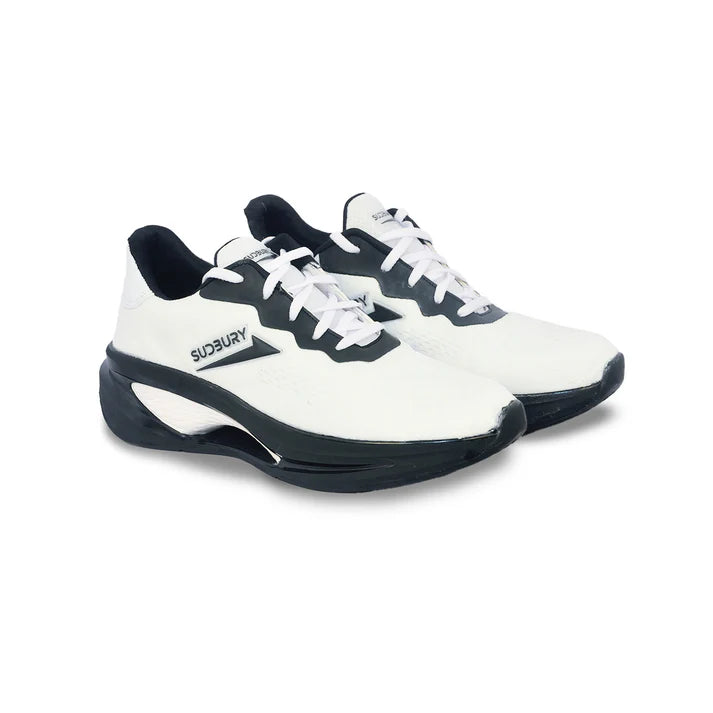A pair of Sudbury branded casual shoes with a white upper and black accents