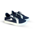 A pair of navy blue and white sports shoes designed for running or casual wear.