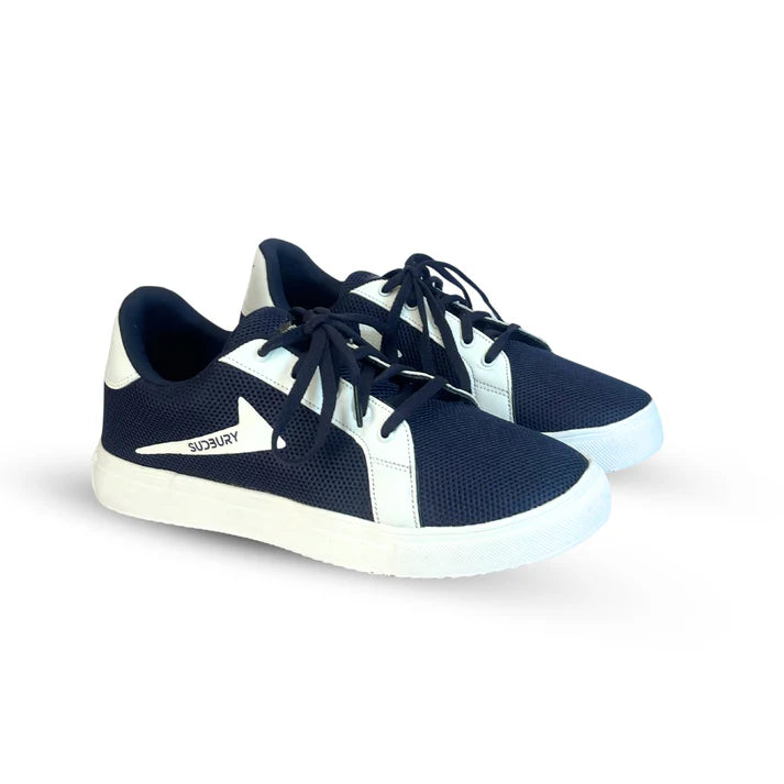 A pair of navy blue and white sports shoes designed for running or casual wear.