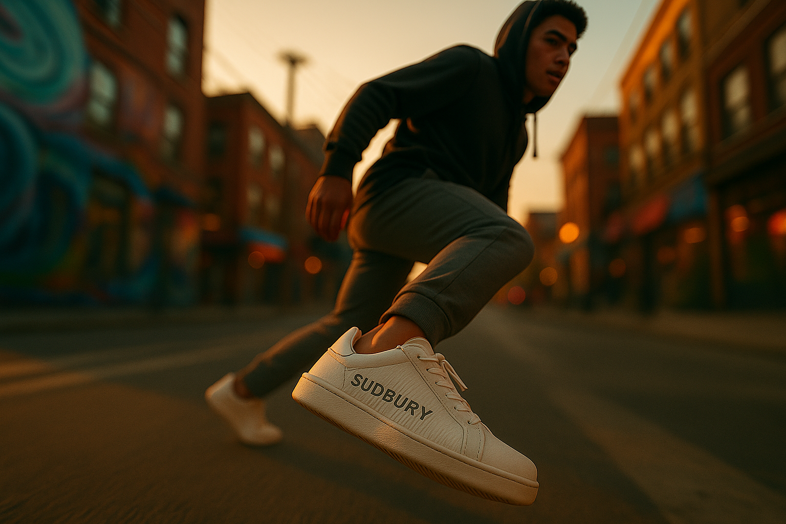 Person wearing Sudbury sneakers jumping on a street with graffiti in the background