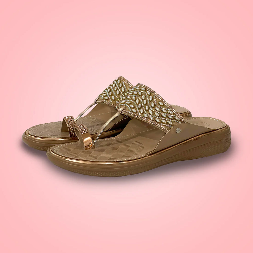 Golden Glam Ethnic Slip-On Sandals for Women – Elegant Festive Comfort