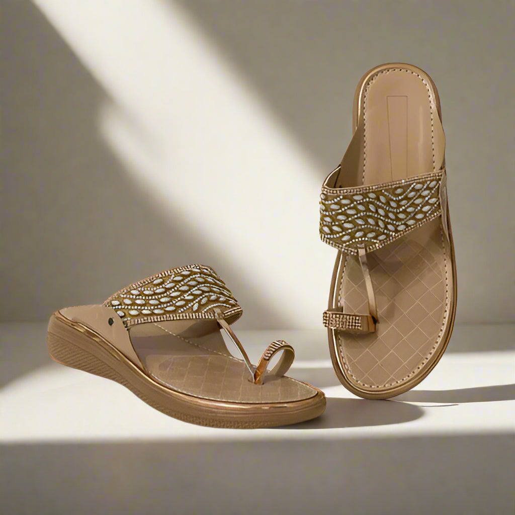 Golden Glam Ethnic Slip-On Sandals for Women – Elegant Festive Comfort