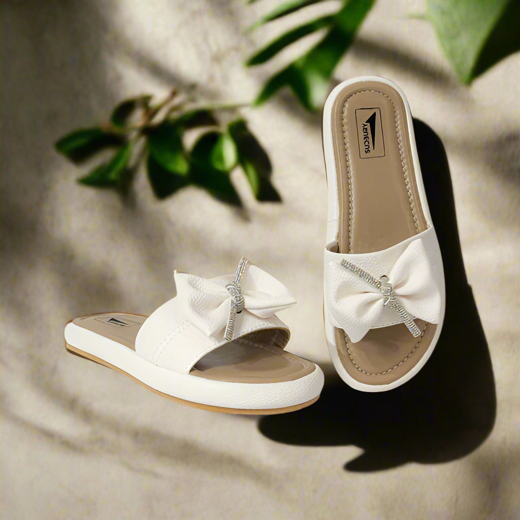 White Bow Slide Sandals – Rhinestone Glam with Everyday Comfort