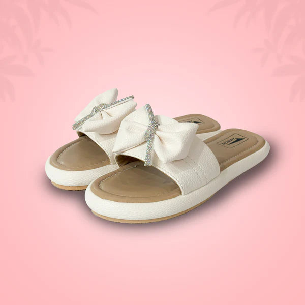 White Bow Slide Sandals – Rhinestone Glam with Everyday Comfort
