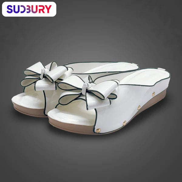 Sudbury BellaBow – Women’s White Slip-On Wedge Sandals with Elegant Bow Detail