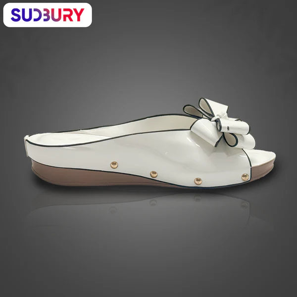 Sudbury BellaBow – Women’s White Slip-On Wedge Sandals with Elegant Bow Detail