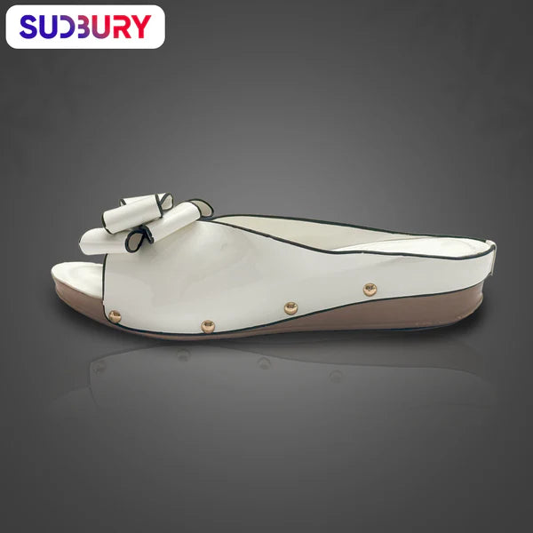 Sudbury BellaBow – Women’s White Slip-On Wedge Sandals with Elegant Bow Detail