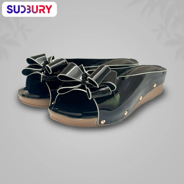 Sudbury MidnightBow – Women’s Black Glossy Wedge Sandals with Bow
