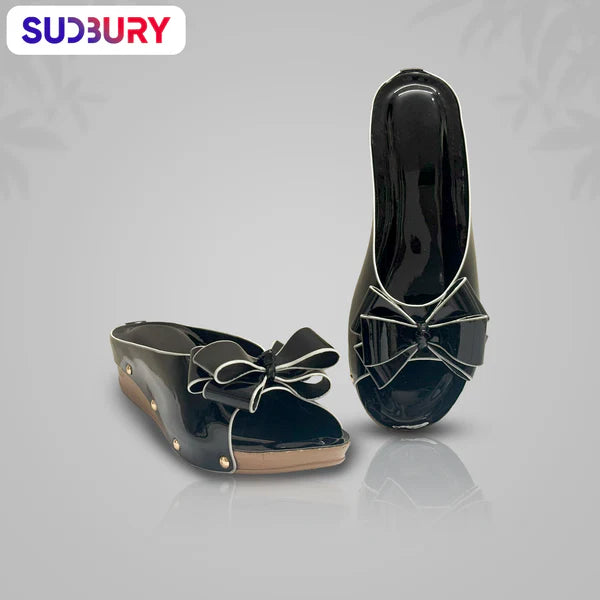 Sudbury MidnightBow – Women’s Black Glossy Wedge Sandals with Bow
