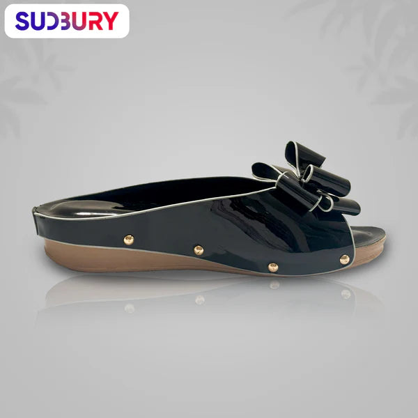 Sudbury MidnightBow – Women’s Black Glossy Wedge Sandals with Bow
