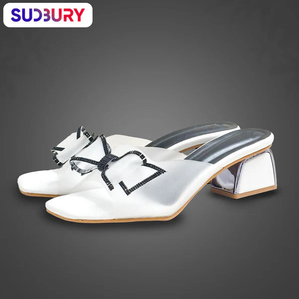 Sudbury NoirBow – Women’s White Block Heel Sandals with Black Bow Accent