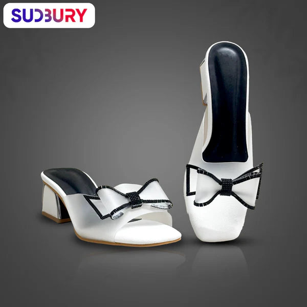 Sudbury NoirBow – Women’s White Block Heel Sandals with Black Bow Accent