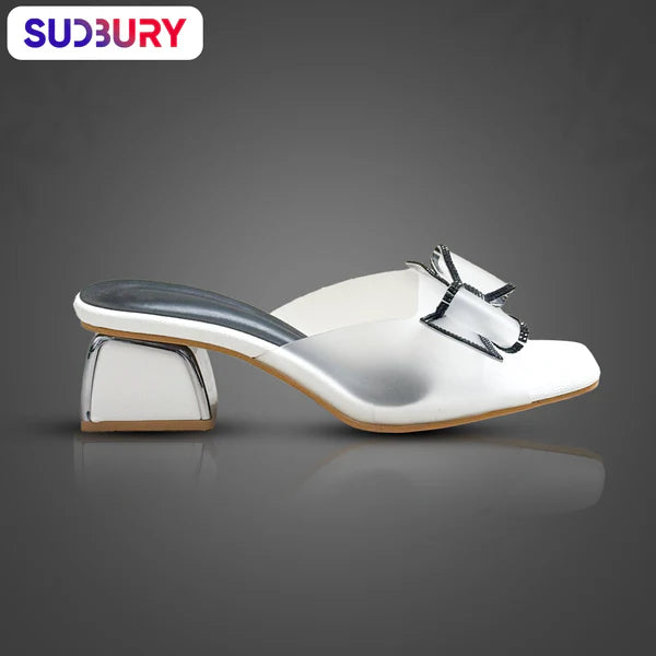 Sudbury NoirBow – Women’s White Block Heel Sandals with Black Bow Accent