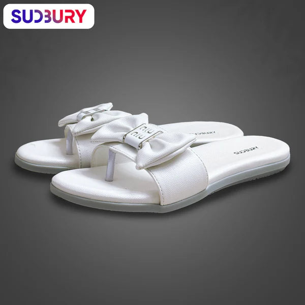 Sudbury GraceBow – Women’s White Flat Slip-On Sandals with Bow Accent
