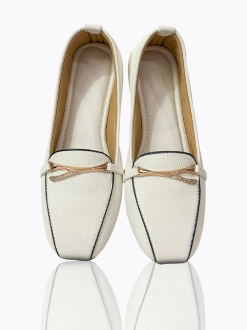 Elegant White – Rose Gold Buckle Comfort Loafers