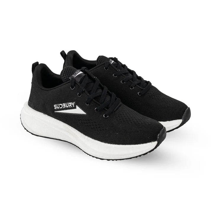 A pair of black Sudbury running shoes with a white sole.