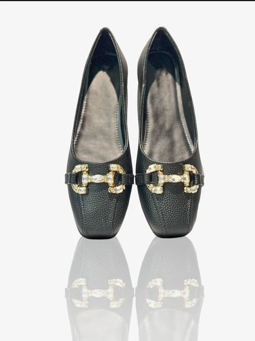 Black Crystal-Buckle Textured Ballet Flats – Classic & Comfortable
