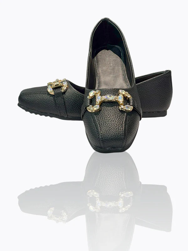 Black Crystal-Buckle Textured Ballet Flats – Classic & Comfortable