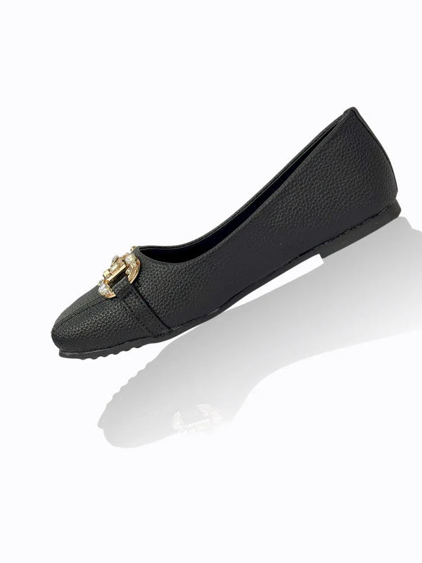 Black Crystal-Buckle Textured Ballet Flats – Classic & Comfortable