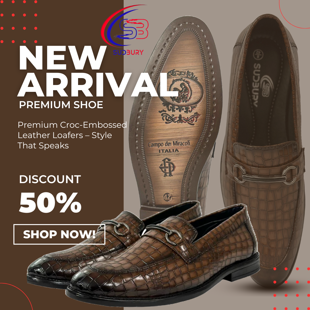 Brown leather loafers with croc-embossed design on a brown background, featuring a discount offer.