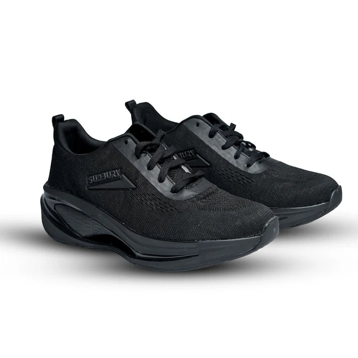 A pair of black sports shoes for men displayed against a white background.