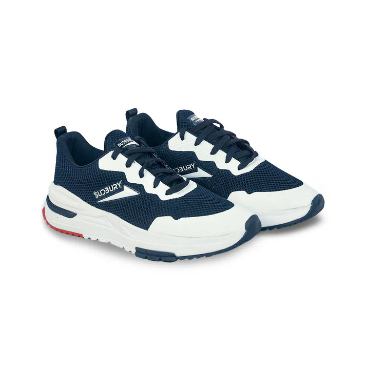A pair of navy blue and white sports shoes with red accents on the sole, designed for running.