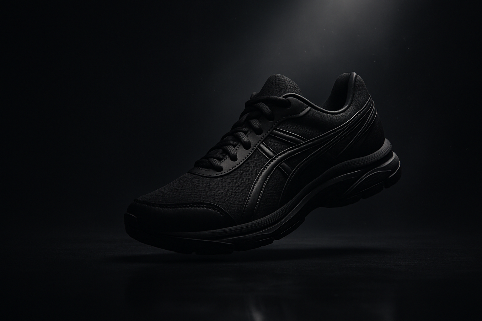 A premium hero banner for an e-commerce website featuring sleek all-black Sudbury running shoes, displayed in a dynamic and stylish way. Dark gradient background (black to deep charcoal) with soft spotlight highlighting the shoes, floating dust particles for cinematic depth, subtle reflections on the floor, high contrast lighting to emphasize the shoe texture, space on the left side for promotional text, ultra-wide aspect ratio, professional product photography style, no text
